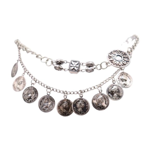 Women Silver Metal Boot Chain Bracelet Shoe Anklet Coin Wave Flower Charm SET - Picture 17 of 17